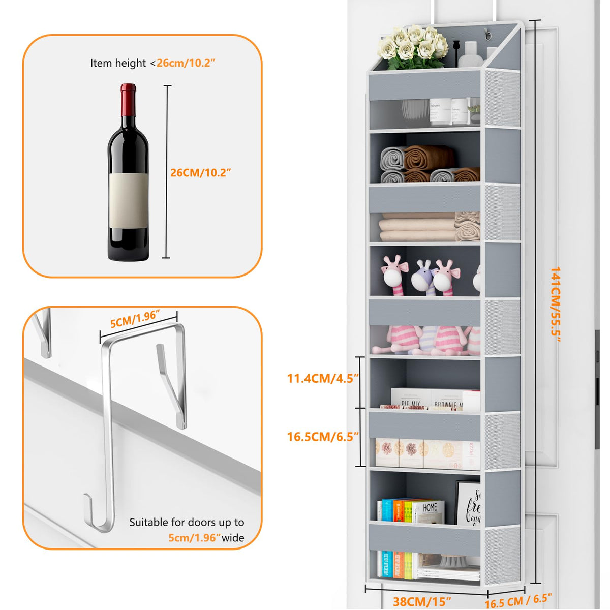 Aldoro over door organizer showing ten mesh side compartments for quick access.