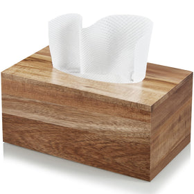 ALELION rectangular tissue box cover in acacia wood, top view, enhances table aesthetics.