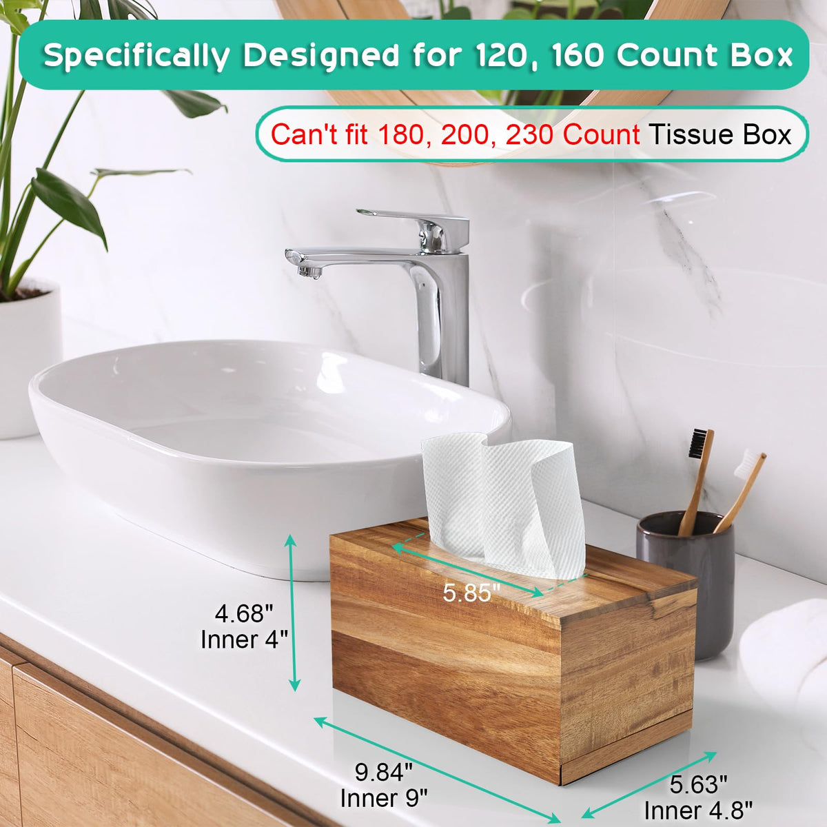 ALELION solid acacia wood tissue box cover, side view, blends with natural decor.