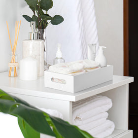 ALELION White Bathroom Basket filled with items on vanity for organization
