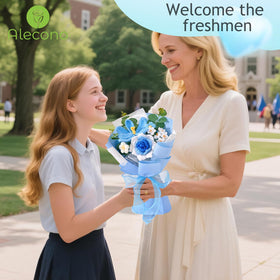 Alecono blue crochet bouquet with gift-card option for celebrations.