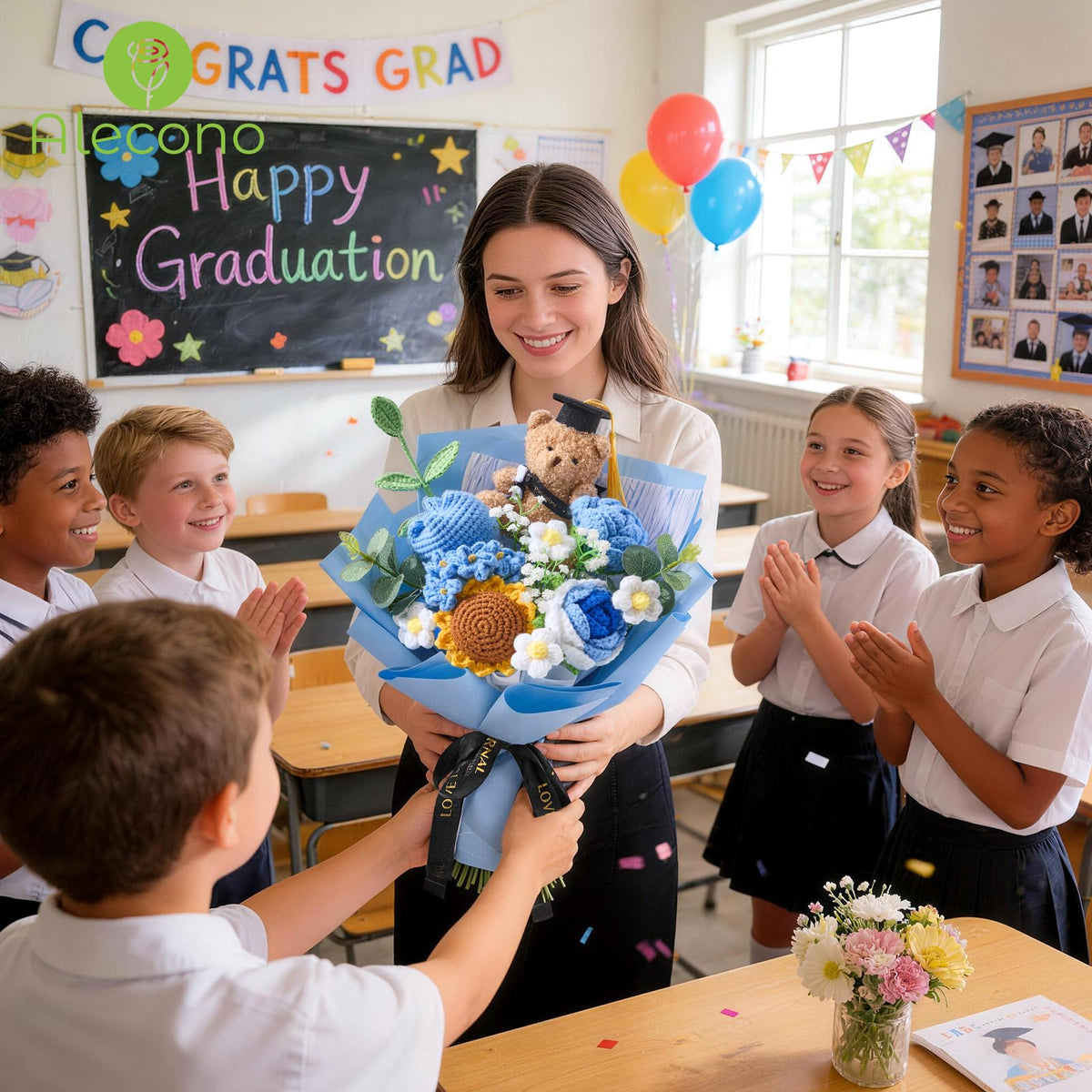 Alecono blue bouquet with bear highlights a lasting graduation keepsake.