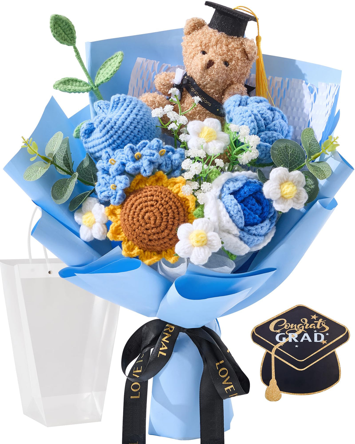 Alecono blue crochet bouquet with handmade flowers and cuddly bear for graduation keepsake.
