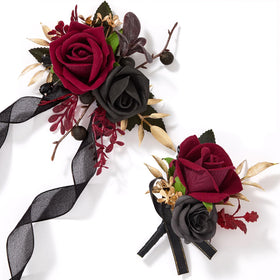Alecono burgundy corsage wristlet for a coordinated wedding look.