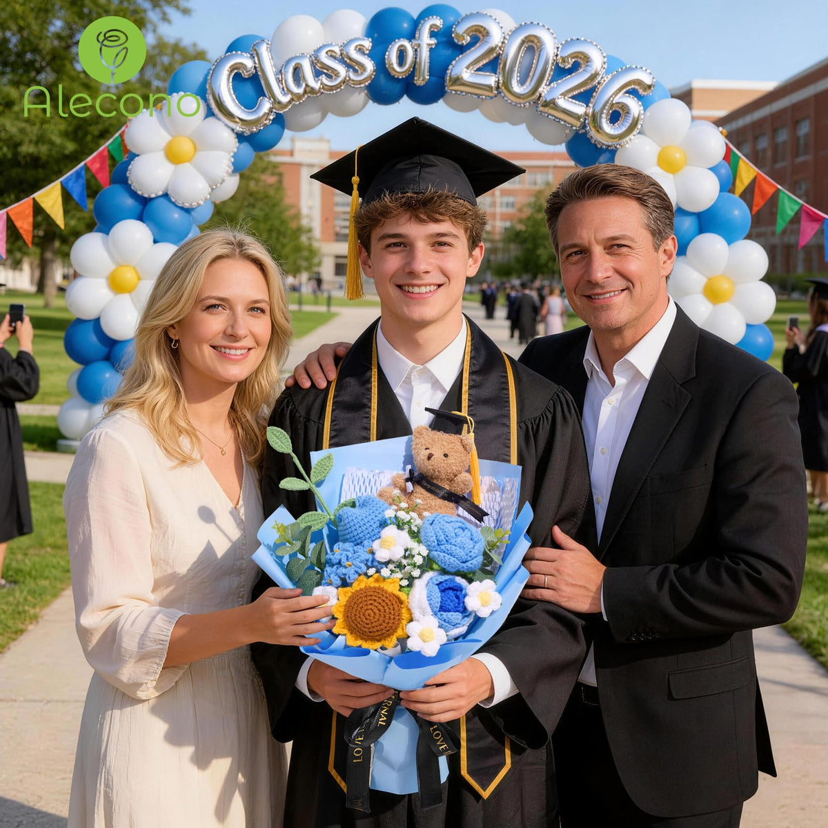 Alecono crochet bouquet with card provides a thoughtful gift for graduates and teachers.