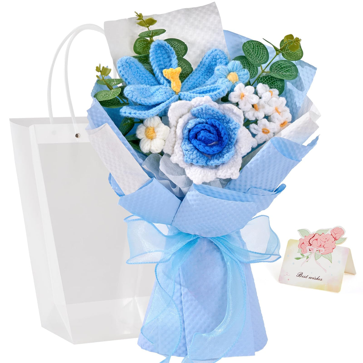 Alecono crochet blue bouquet close-up, delicate handmade petals for a timeless gift.