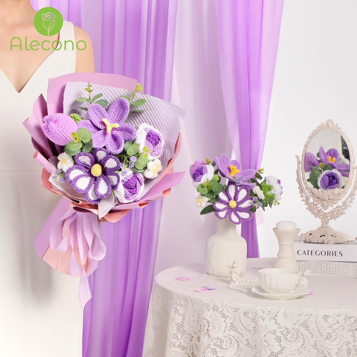 Alecono crochet flower bouquet packaged display-ready with gift bag