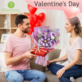 Alecono crochet flower bouquet with eucalyptus accents, natural-inspired styling