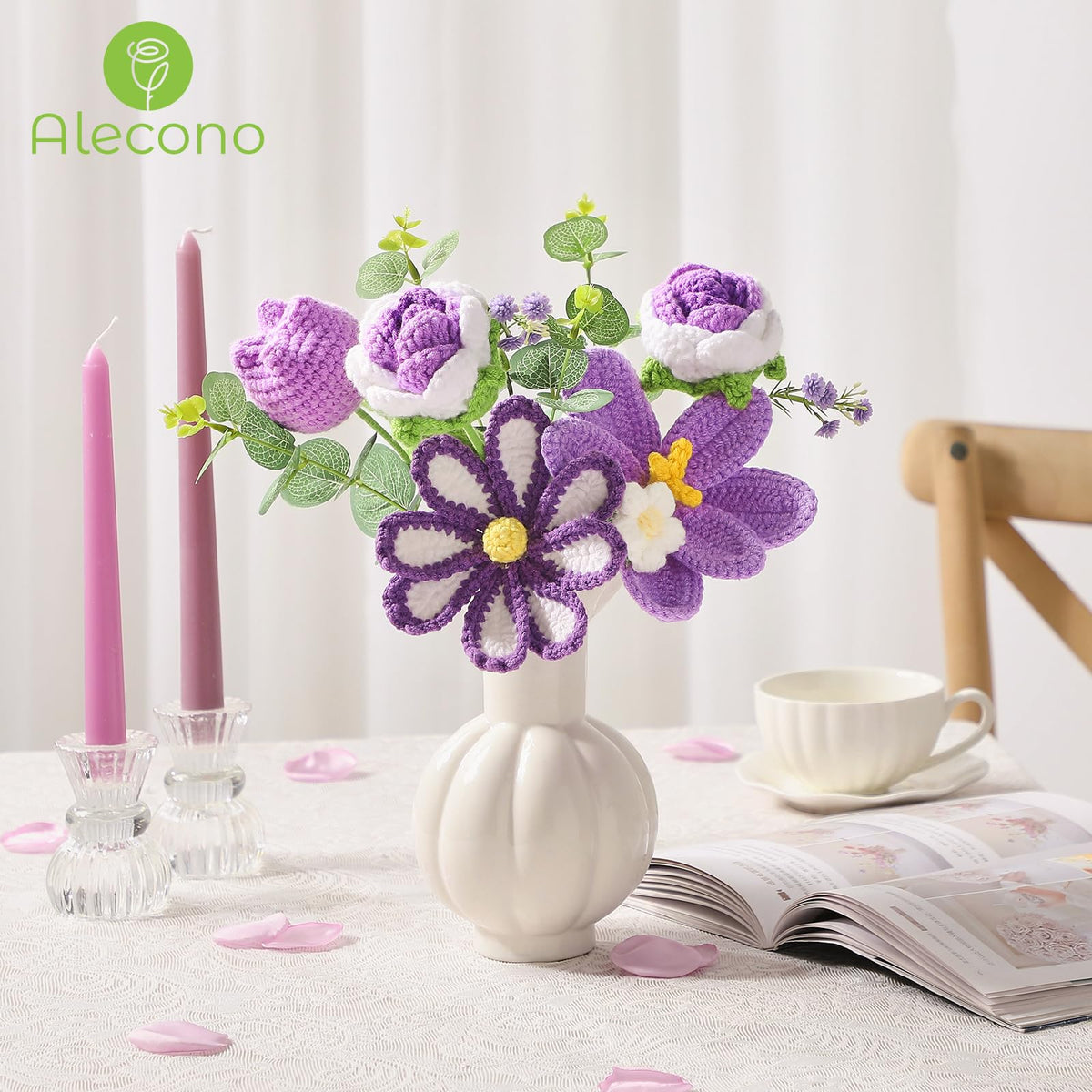 Alecono crochet flower bouquet ivory stem wrap, sophisticated presentation