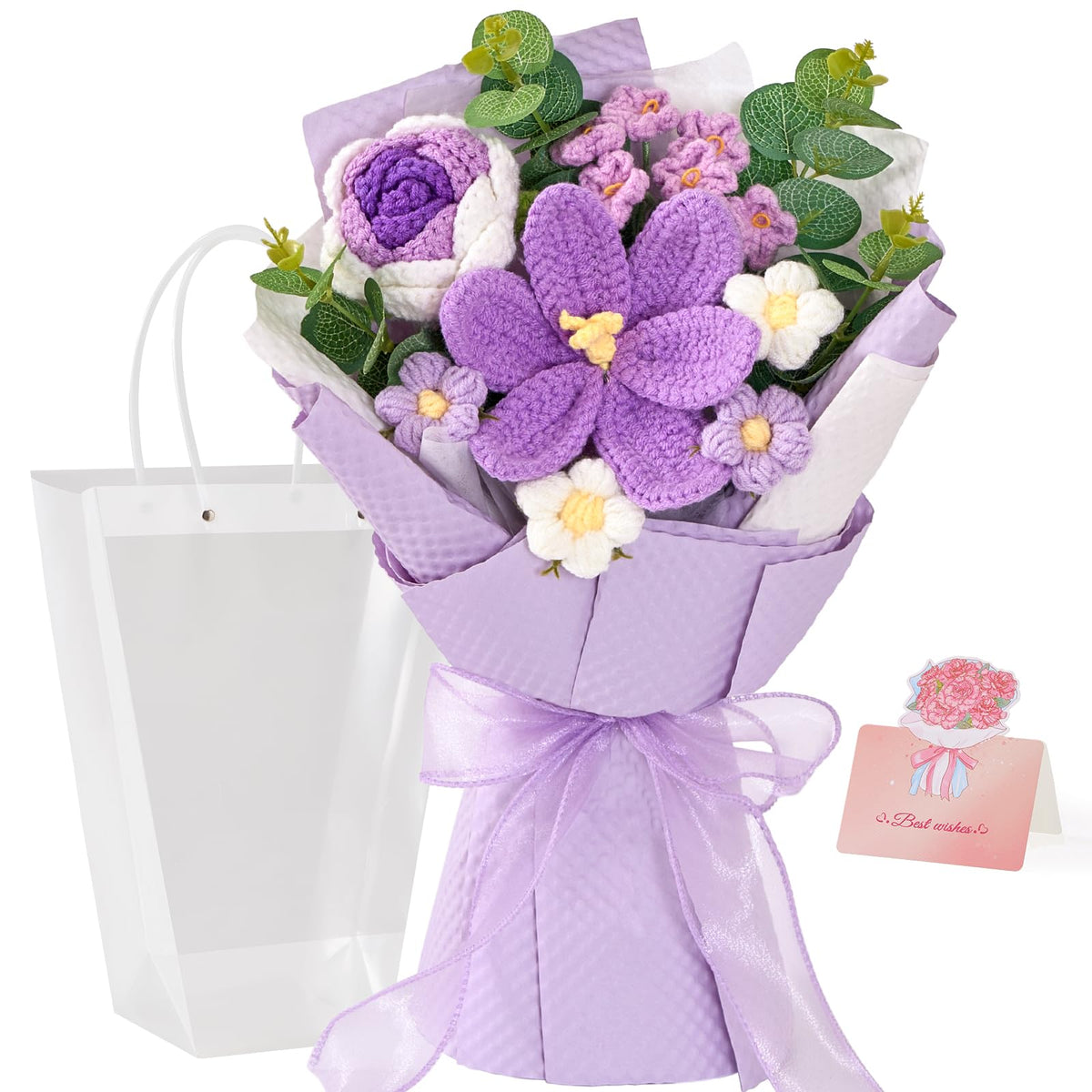 Alecono crochet flower bouquet with purple flowers for elegant home decor