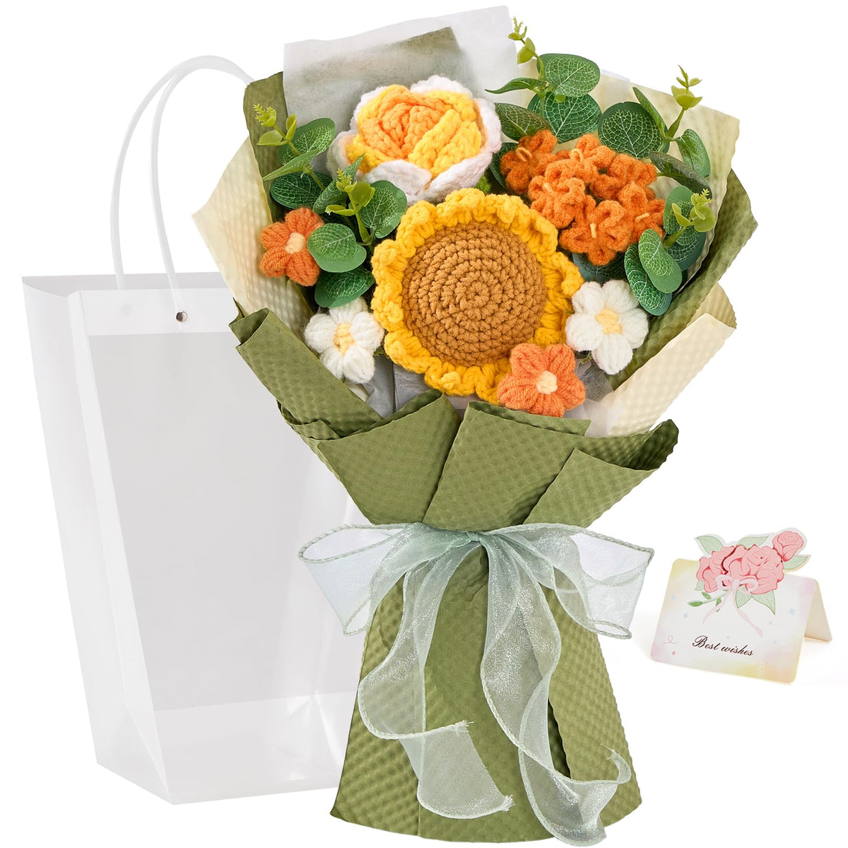 Alecono crochet sunflower bouquet shown in full for allergy-friendly decor