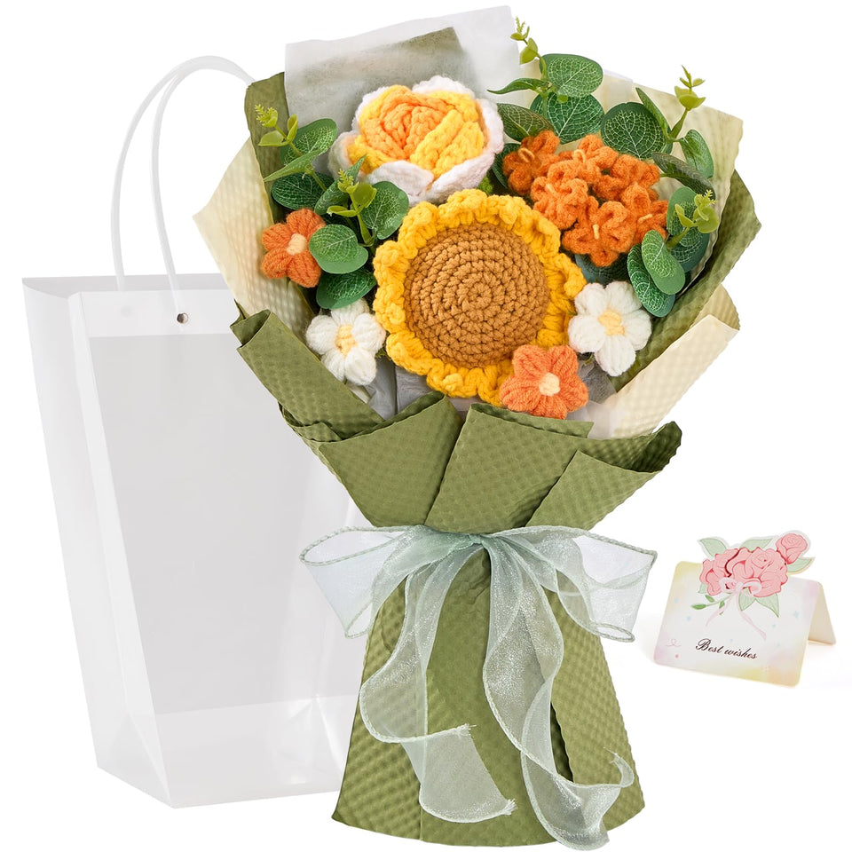 Alecono crochet sunflower bouquet shown in full for allergy-friendly decor