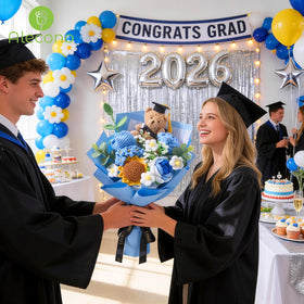 Alecono blue crochet bouquet with flowers makes a photo-worthy graduation moment.