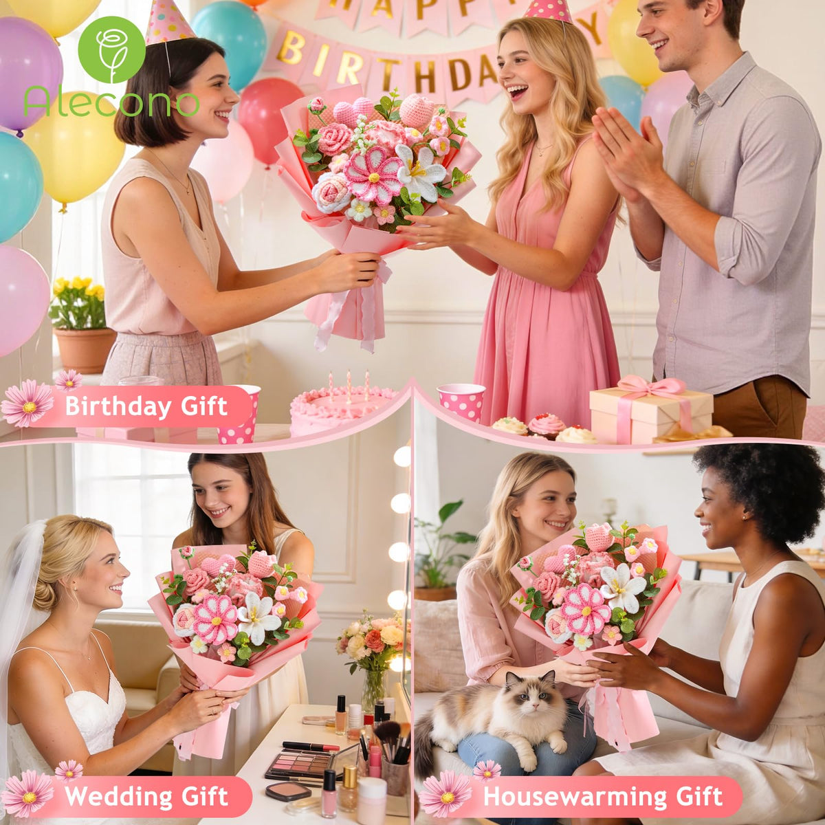 Alecono handmade crochet flowers presented in secure gift packaging