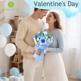 Alecono knitted blue flowers bouquet, nine pieces for keepsakes and home decor.