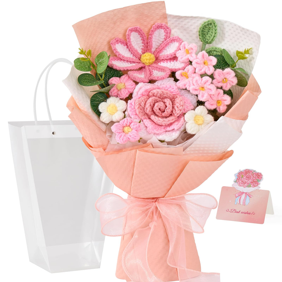 Alecono pink crochet flower bouquet closeup for allergy-conscious decor