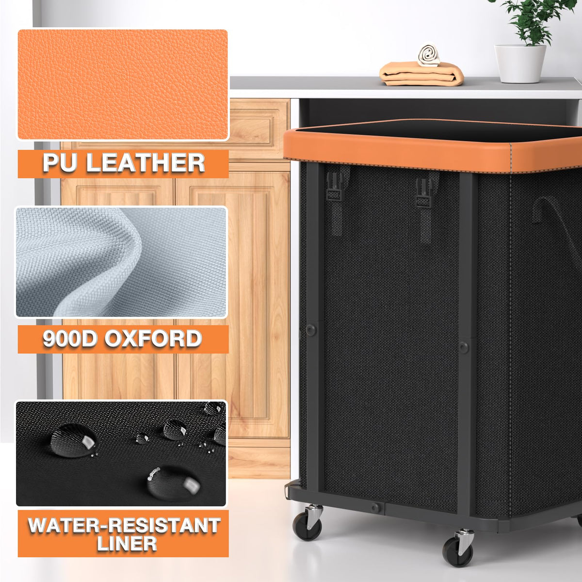 Alentar rolling hamper with four wheels and brake for smooth movement.