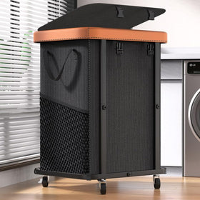Alentar 150L basket with leather patchwork exterior for durable storage.