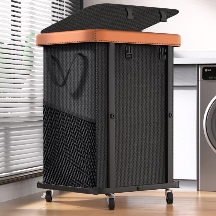 Alentar 150L basket with leather patchwork exterior for durable storage.