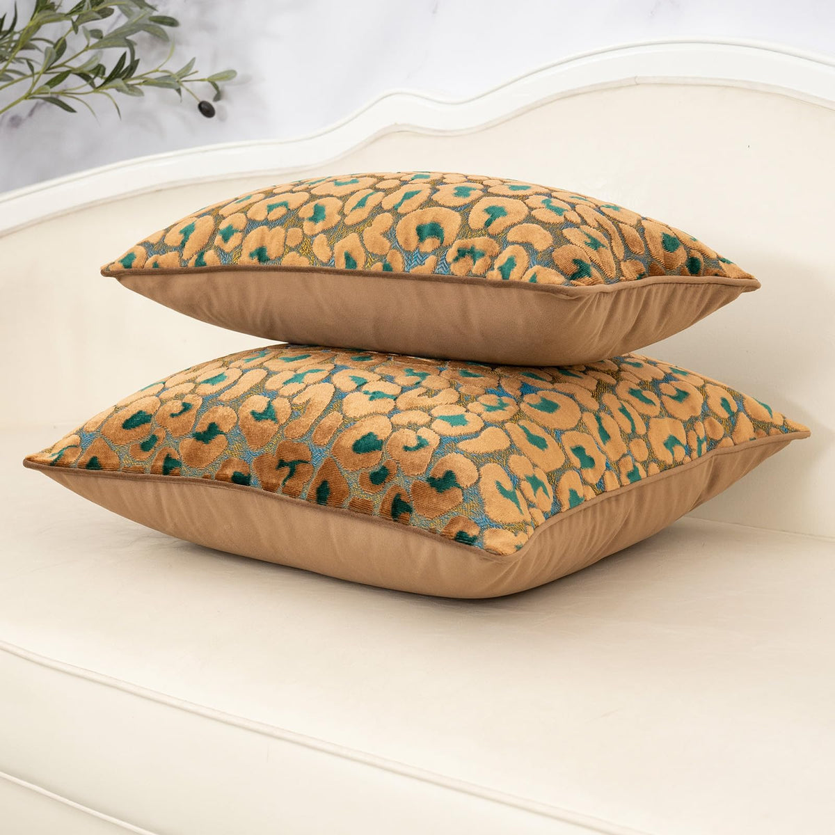 Back view of Alerfa green brown floral 20x20 pillow cover in solid color