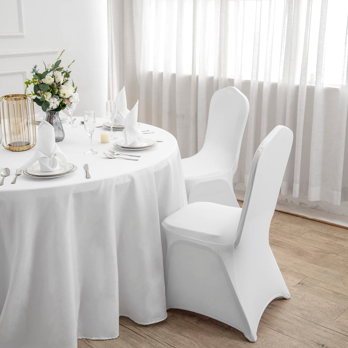 Boxed AlGaiety spandex chair covers in white, 25 pieces included