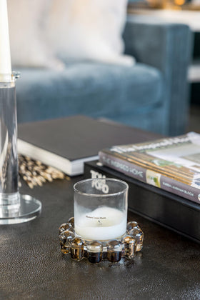 Modern console styling with Alice Lane bubble candle dish.