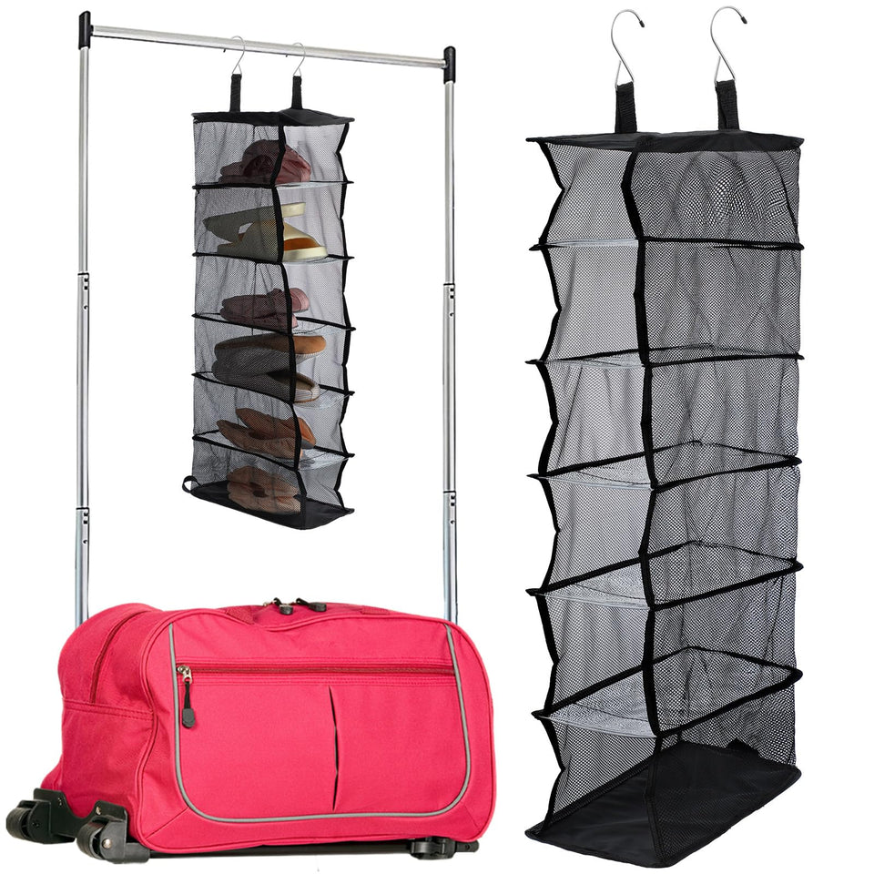 Aliceset dance storage organizer hanging in a closet with clear shelves for quick visibility