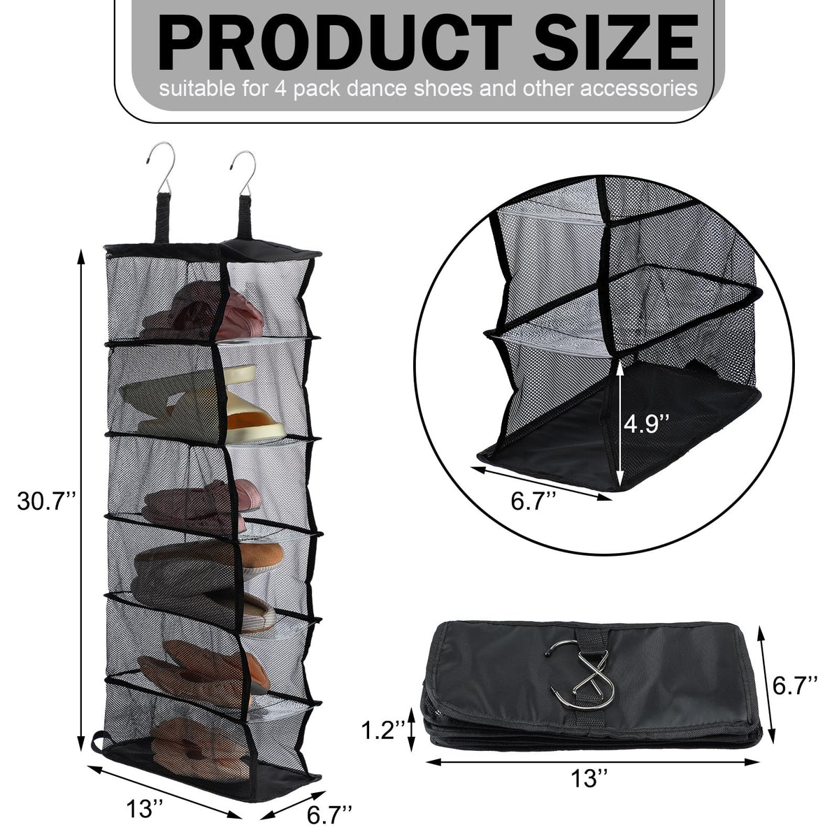 Aliceset hanging shoe organizer on a rod shows six compartments for easy access