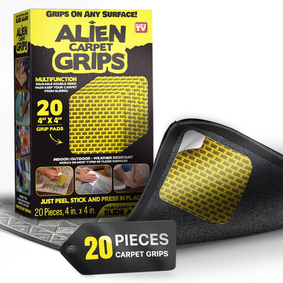 Alien Grip Rug Gripper 20-pack secures area rugs on multiple surfaces without damage.