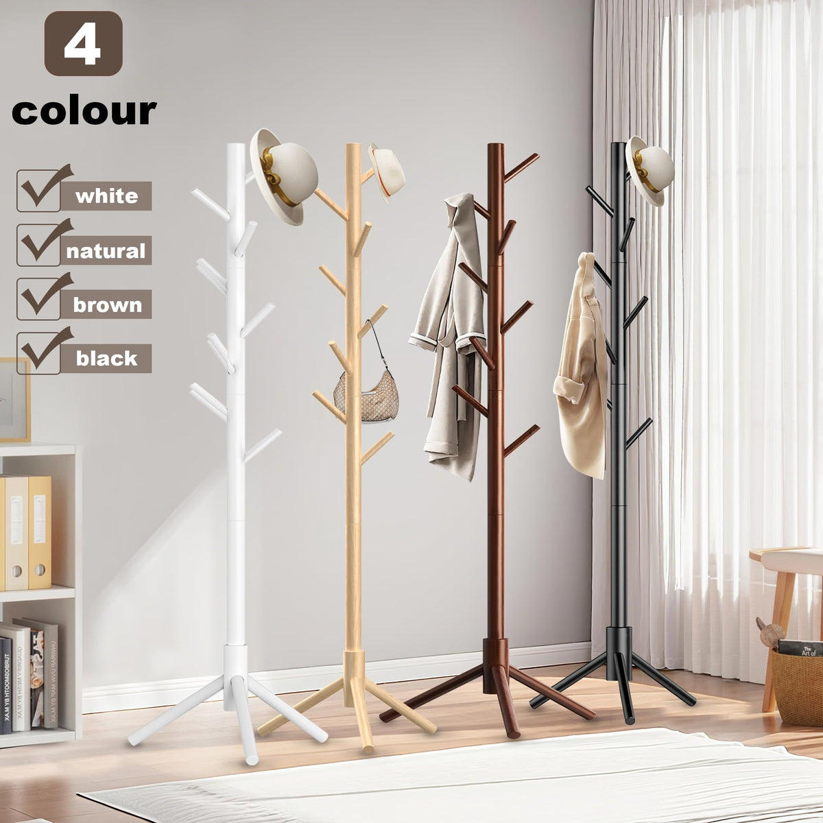 Aliphon white wood coat rack with polished hooks for a modern look.