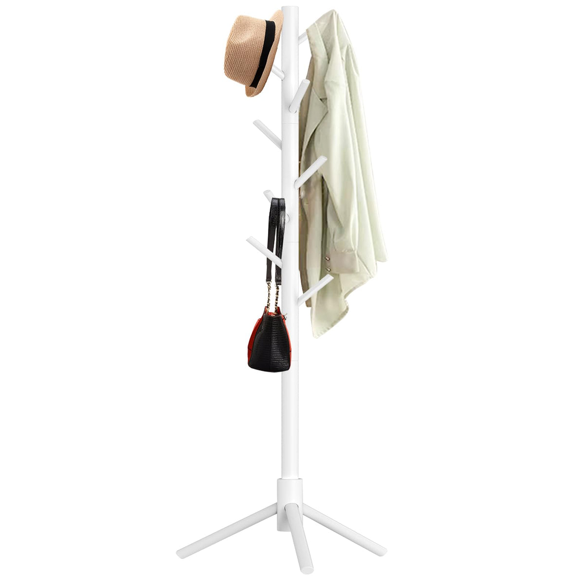Aliphon wooden coat rack stand with eight hooks neatly organizing coats and bags.