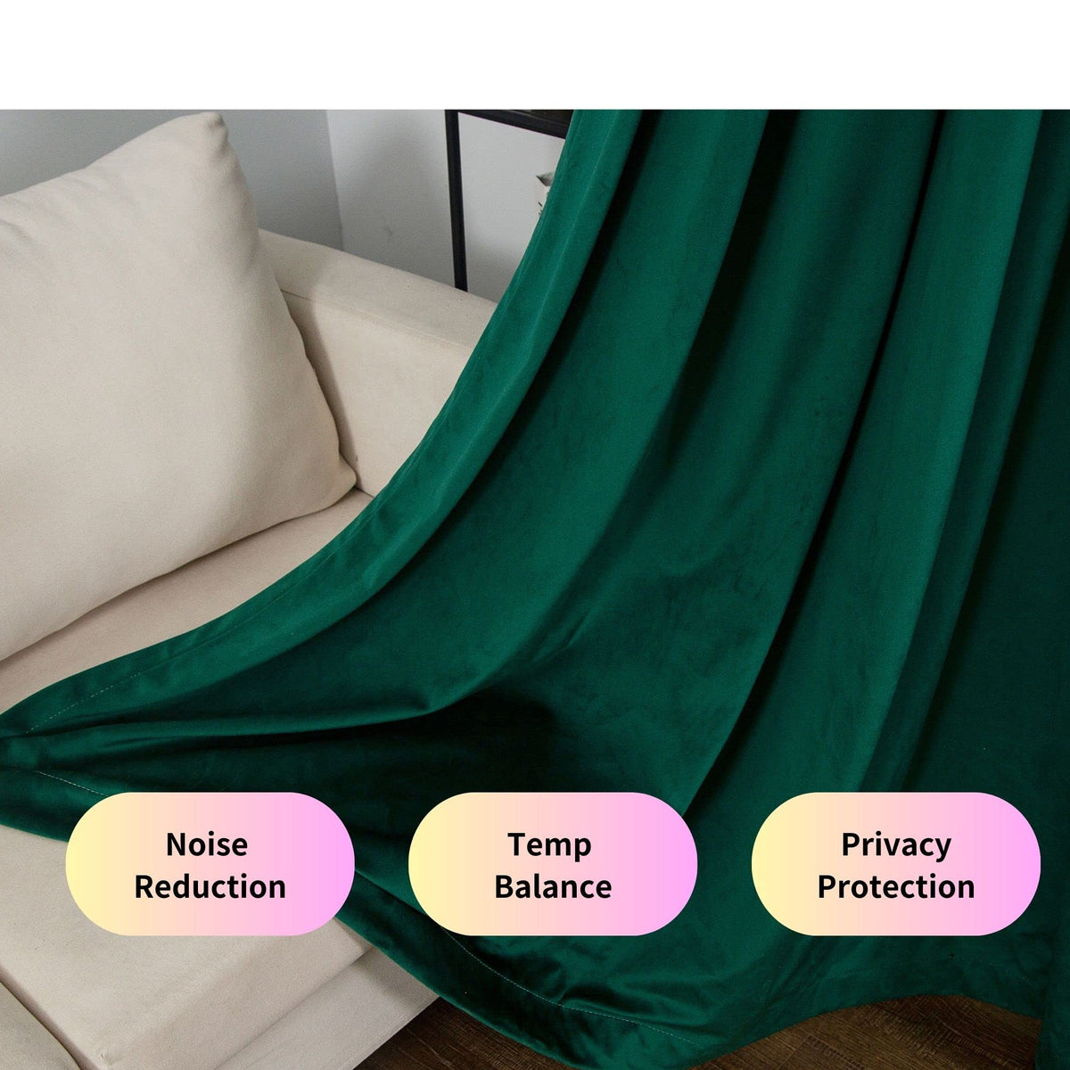 Aljctns emerald green velvet curtains pair well with 52-inch wide windows.