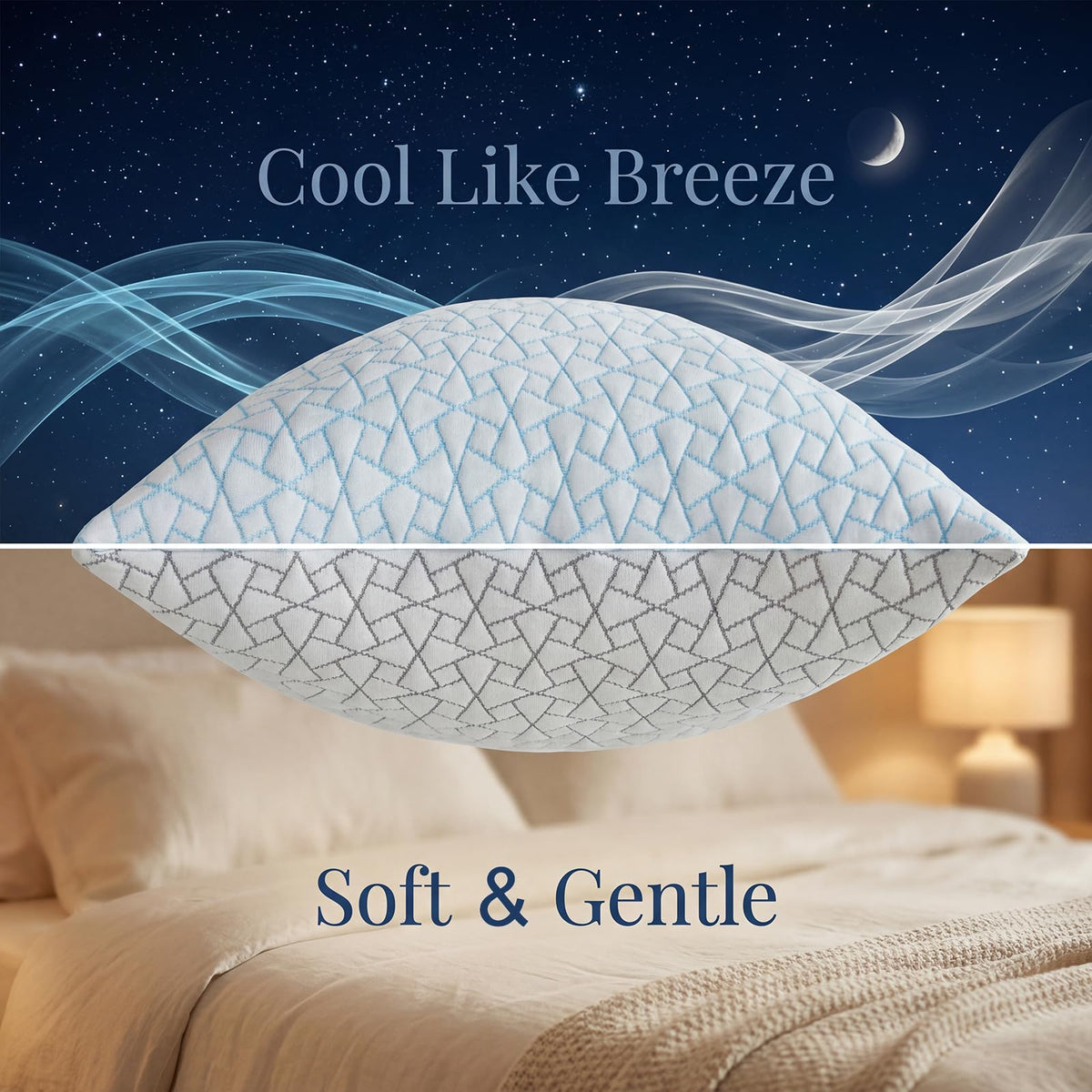 Two Alkyonos queen-size cooling pillows on bed for versatile sleeping options.