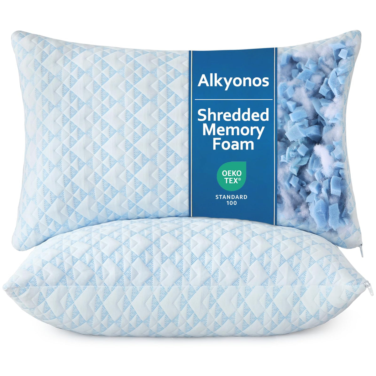 Alkyonos shredded memory foam pillow with adjustable loft for personalized support.