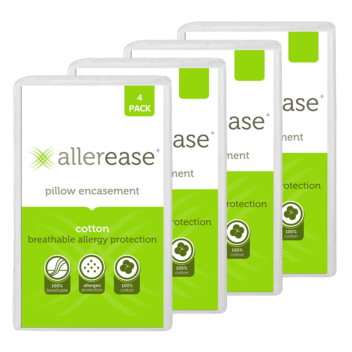 AllerEase four-pack pillow protectors in white provide durable, breathable protection for pillows.