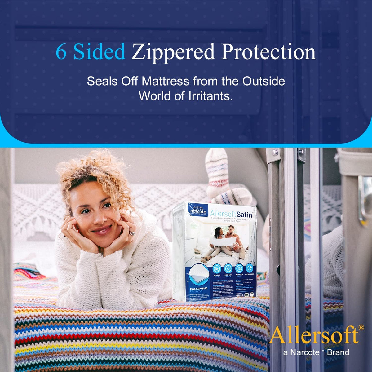 Allersoft auto-lock zipper with Velcro seal closes tightly around the mattress.