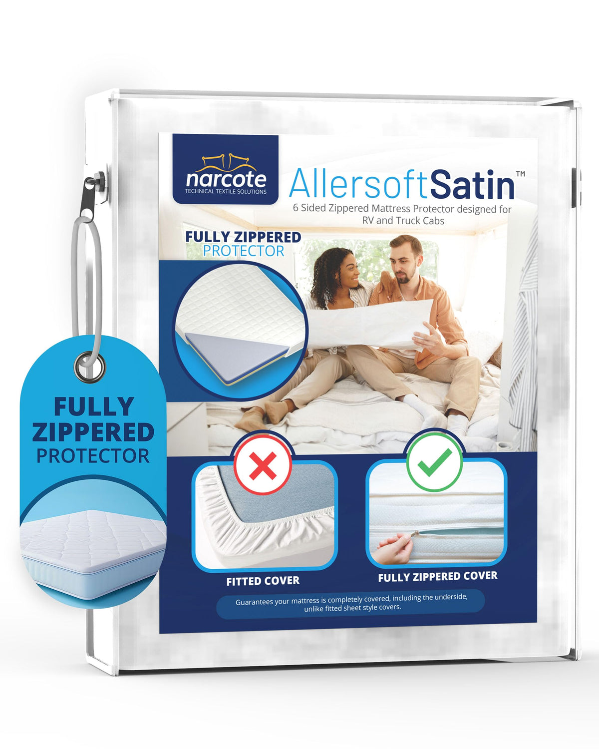Allersoft RV 6-sided protector on a 60x75 short queen mattress protects against dust and liquids.