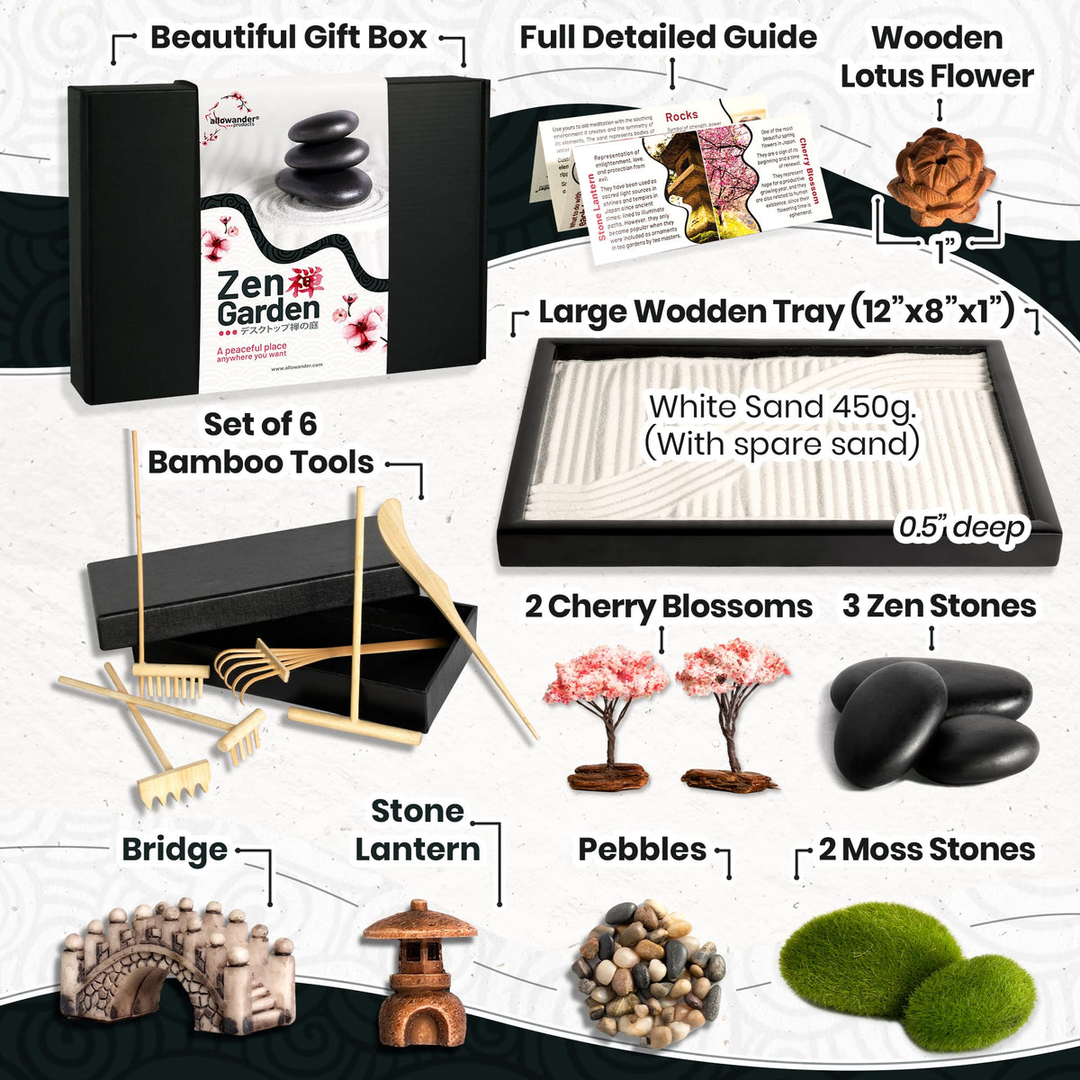 Allowander zen garden accessories provide varied rakes and tools for pattern making.
