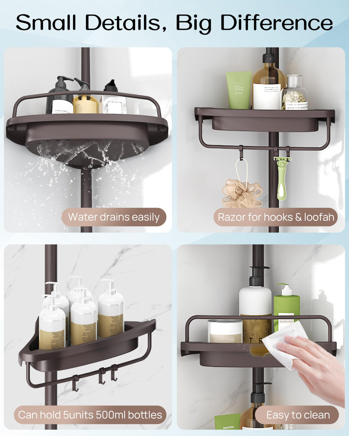 ALLZONE adjustable height pole fits 34 to 116 inches in showers.