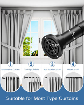 ALLZONE black curtain rod features silicone end pads for non-slip grip on wet surfaces.