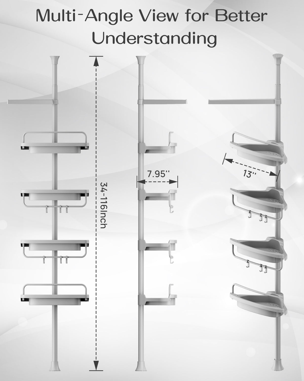 Extendable height fits 34–116 inch spaces for versatile placement in bathrooms.