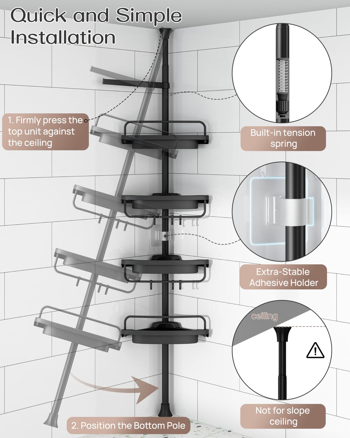 ALLZONE four-shelf unit holds bottles securely during shower use.