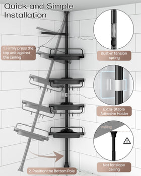 ALLZONE four-shelf unit holds bottles securely during shower use.