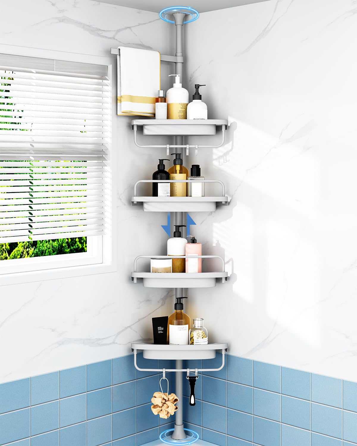 ALLZONE Corner Shower Caddy pole extended for flexible reach and sturdy support in showers.