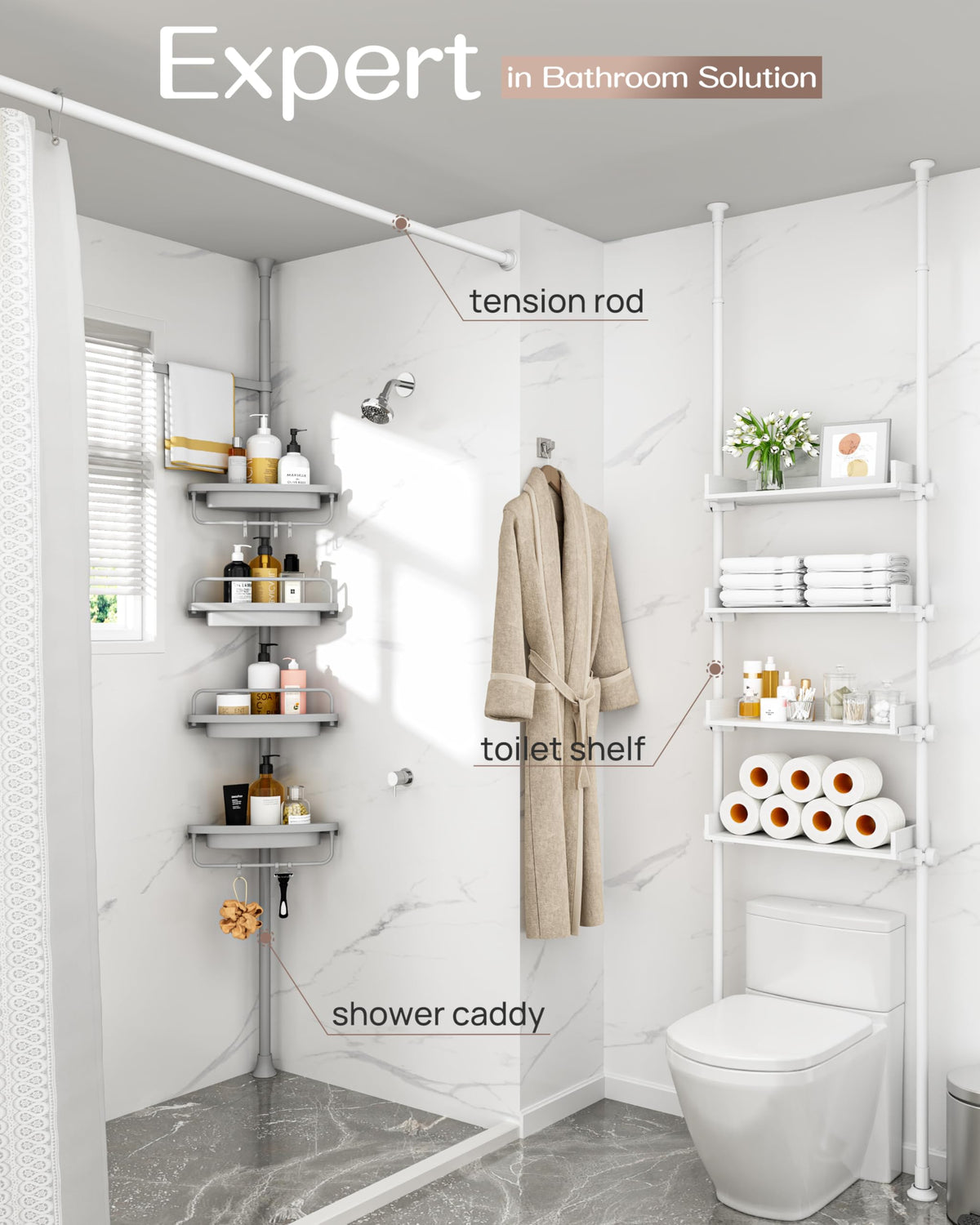 ALLZONE caddy with 4-tier shelves keeps shampoo and body wash neatly organized.