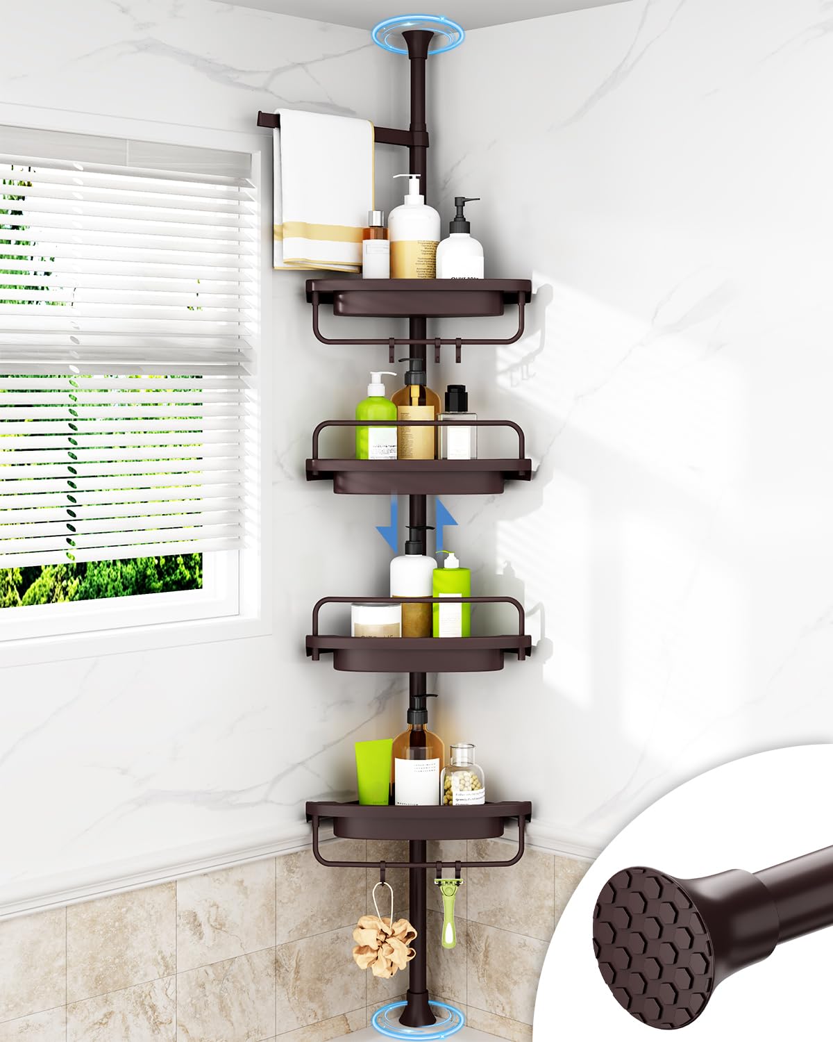 ALLZONE corner shower caddy tension pole keeps bottles neatly organized.