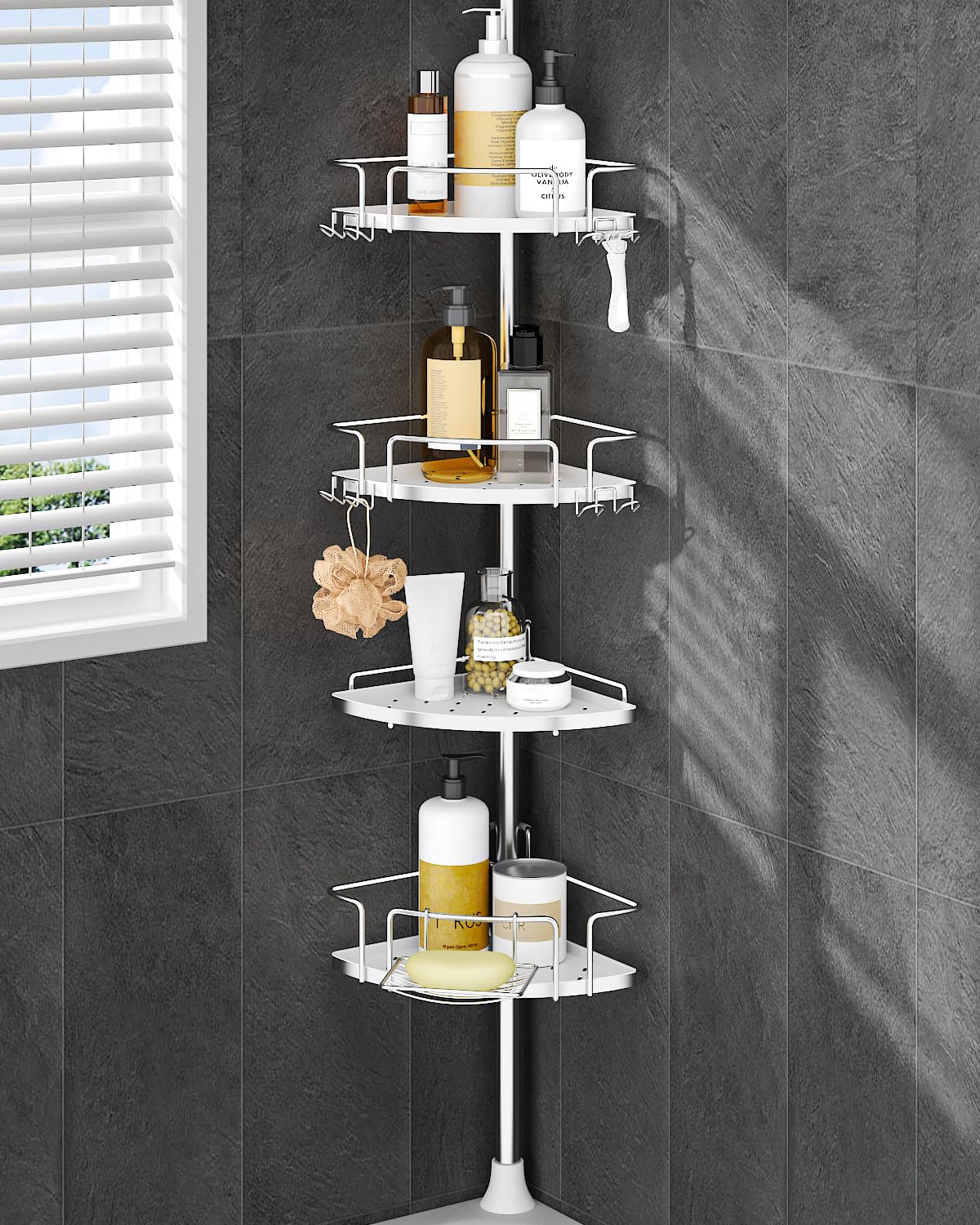 ALLZONE corner shower caddy tension pole keeps bottles organized and within reach.