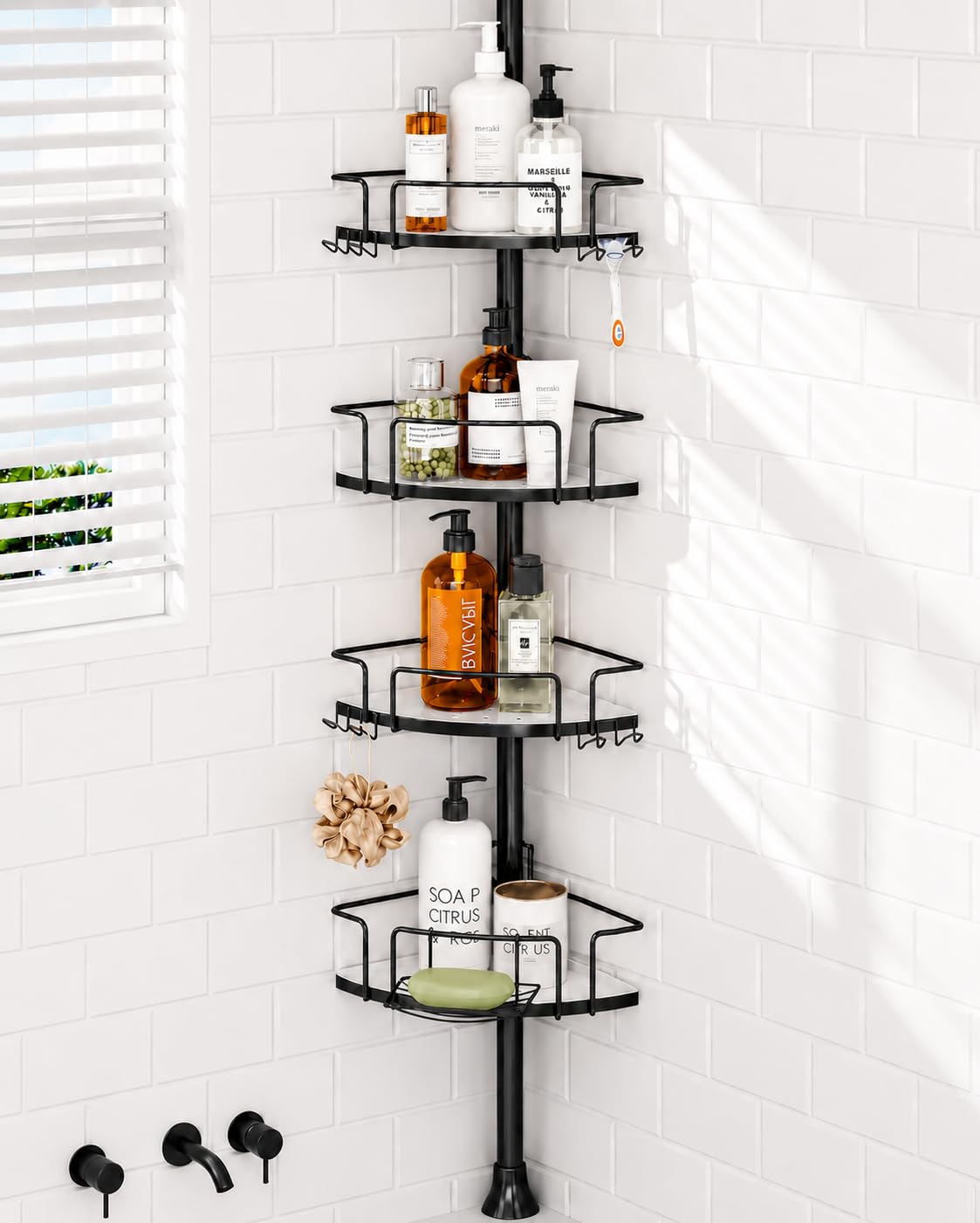 ALLZONE corner shower caddy tension pole keeps bottles neatly stored in a tight corner