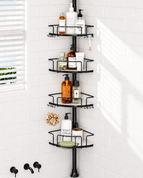 ALLZONE corner shower caddy tension pole keeps bottles neatly stored in a tight corner