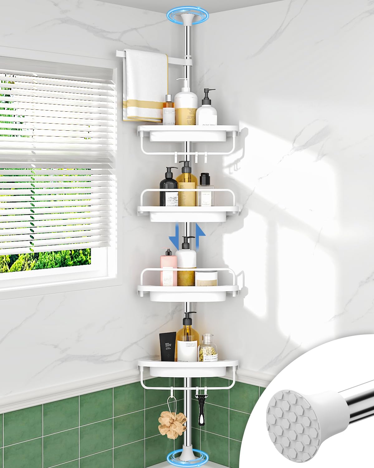 ALLZONE corner shower caddy with tension pole for space-saving bathroom organization.